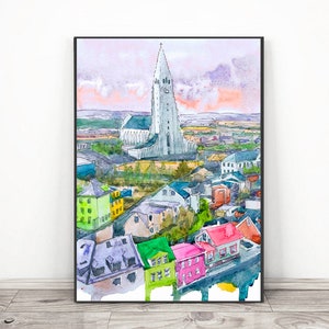 Iceland art print Reykjavik Travel poster landscape, Icelandic Watercolor Painting Print , Europe wall art, European city print