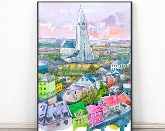 Aquarelkunstdruk Reykjavik IJsland: Europees stadslandschap
