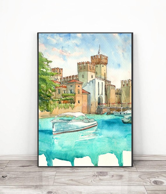 ガルダ湖の絵画、イタリアの壁画、シルミオーネ城の水彩画、ヨーロッパ