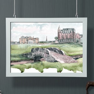 May include: A watercolor painting of a golf course with a stone bridge, a large building, and a smaller building in the background.