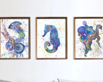 Under the Sea life Prints, Watercolor Painting, Ocean theme Nursery Nautical Decor Bathroom Wall art