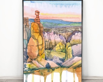 Bryce canyon National park Art Print - Utrah Poster, Watercolor Painting -   Hiking wall art