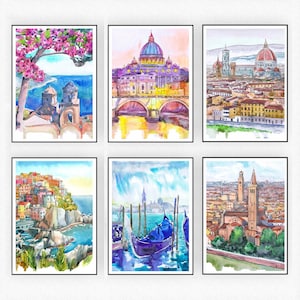 Italy Painting Set of 6 Wall Art Prints, Italian Watercolor Landscape : Rome, Florence - European city Travel poster
