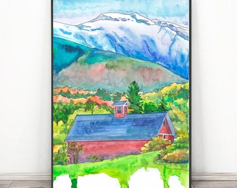 Vermont Mountain Wall Art, Red Barn art work Snow Mountain Art Print, Mount Mansfield Watercolor Landscape Painting