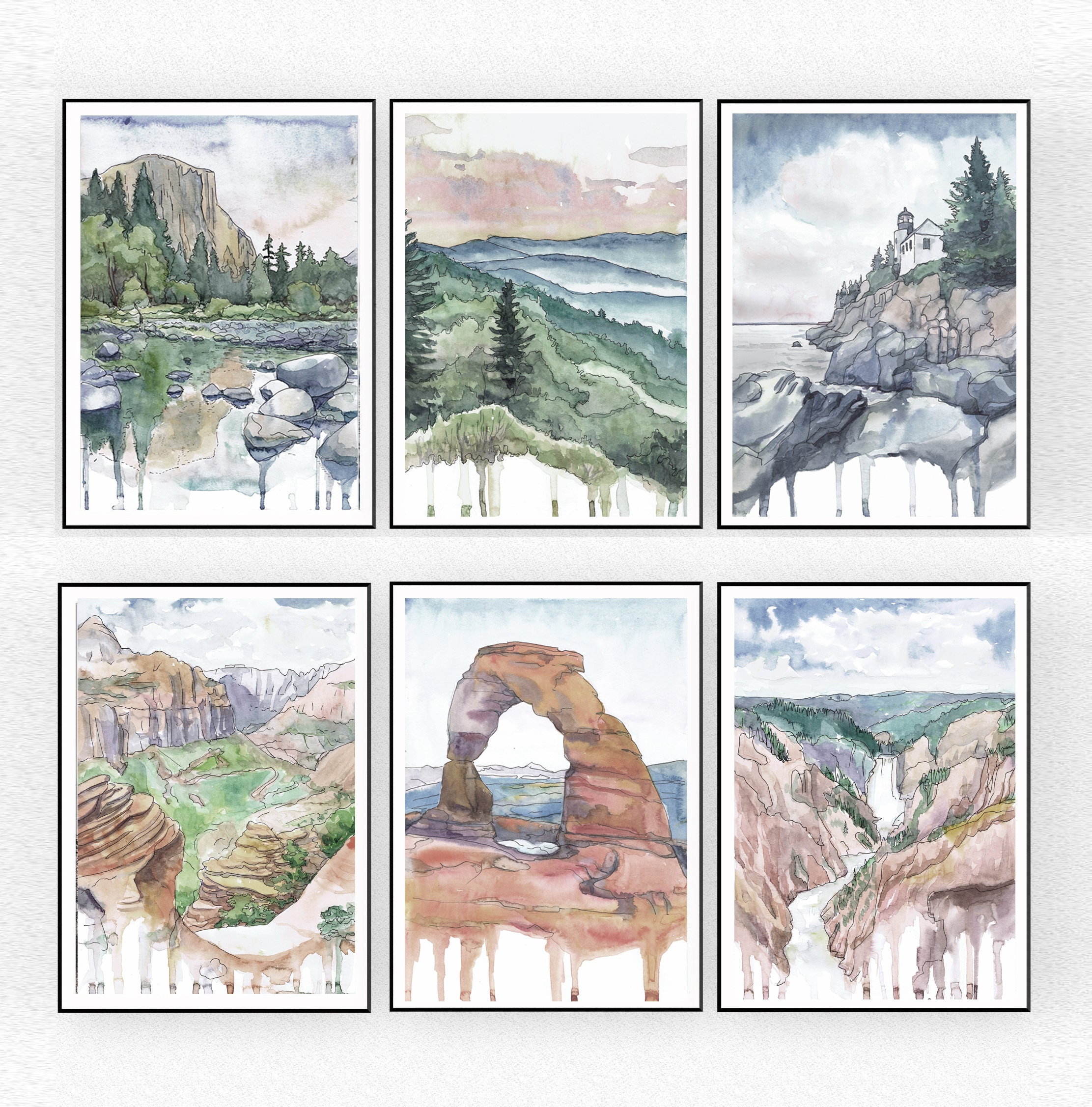 国立公園の水彩画アートプリント：風景画6枚セット - Etsy 日本