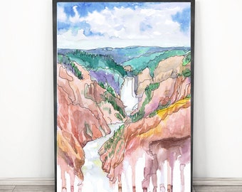 Yellowstone National park Poster, Travel Art Watercolor Painting, Hiking wall art