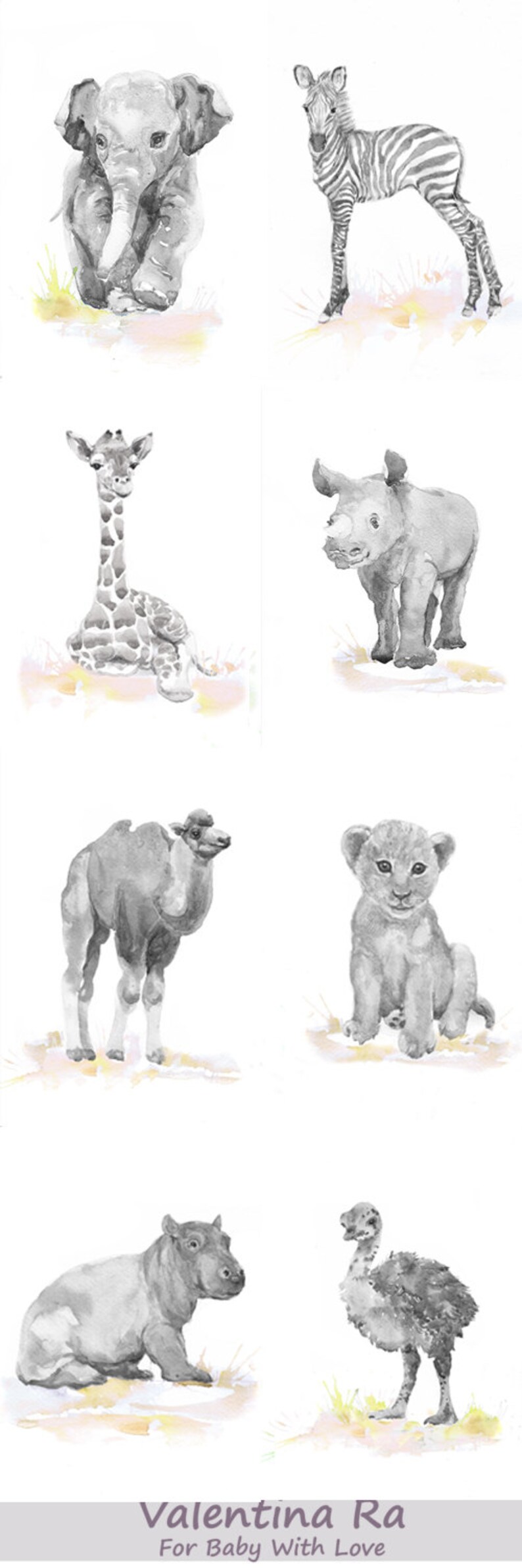 Neutral Nursery Set of 8 Prints Baby Animals Watercolor | Etsy
