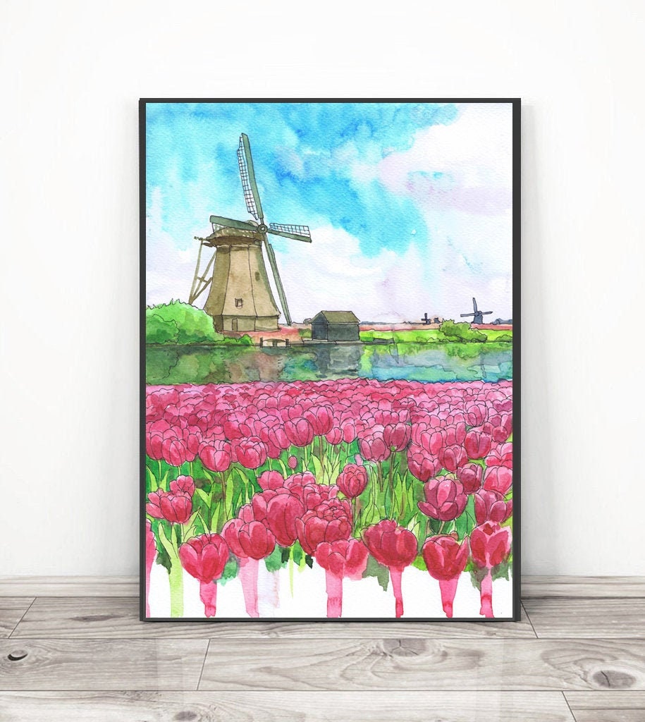 オランダの風車の絵画、チューリップ畑の水彩画、オランダの風景旅行