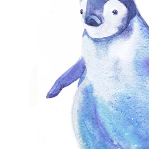 May include: Watercolor painting of a blue penguin standing on a white surface. The penguin has a white belly and a black beak.