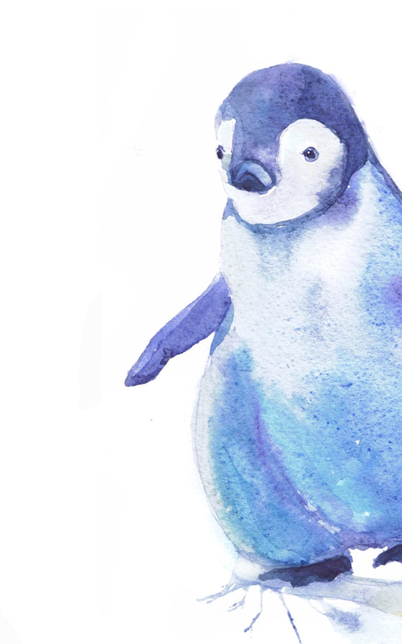 May include: Watercolor painting of a blue penguin standing on a white surface. The penguin has a white belly and a black beak.