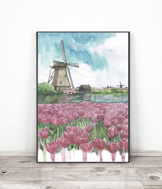 オランダの風車の絵画、チューリップ畑の水彩画、オランダの風景旅行