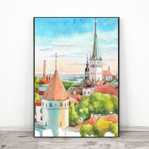 Tallinn Estonia Art Print, European City Travel Poster, Europe skyline, Cityscape Watercolor painting