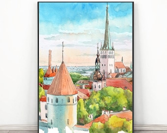 Tallinn Estonia Art Print, European City Travel Poster, Europe skyline, Cityscape Watercolor painting