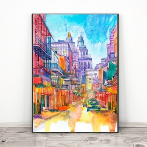 New Orleans Skyline Art Print, City Art Watercolor Painting Landscape, Louisiana Cityscape Wall art Rainbow