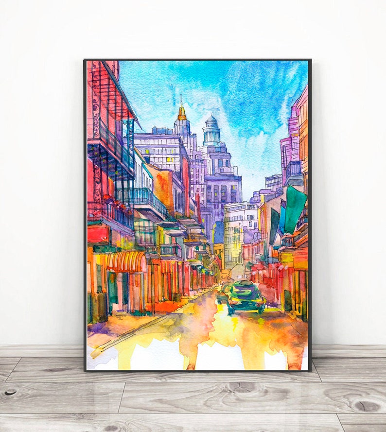 New Orleans Skyline Art Print, City Art Watercolor Painting Landscape, Louisiana Cityscape Wall art Rainbow