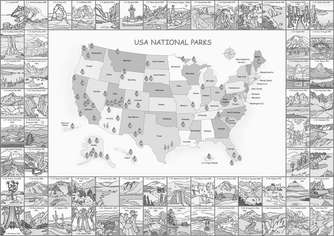 National Park With Checklist Map, Grayscale Giant Coloring Image US