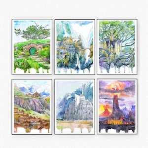 May include: A set of six watercolor paintings depicting various fantasy landscapes. The paintings feature castles, mountains, forests, and waterfalls. The paintings are framed in black frames and are arranged in a grid pattern.