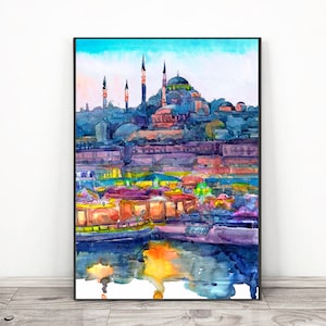 Istanbul Turkey Wall Art Print, Watercolor Asian Travel Poster - Cityscape Painting , Oriental Old City print