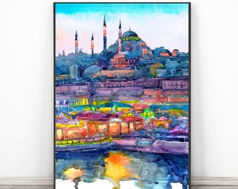 Istanbul Türkei Wandkunstdruck, Aquarell asiatisches Reiseposter - Stadtbildgemälde, orientalischer Altstadtdruck