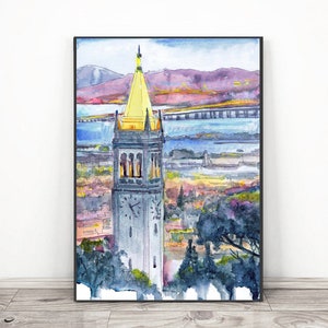 Impresión artística de la Universidad de California, Berkeley, pintura en acuarela, paisaje urbano abstracto de UC Berkeley, regalo de graduación