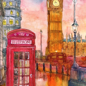 May include: A watercolor painting of a red telephone booth in front of Big Ben in London, England. The sky is a vibrant orange and pink, and the sun is setting.