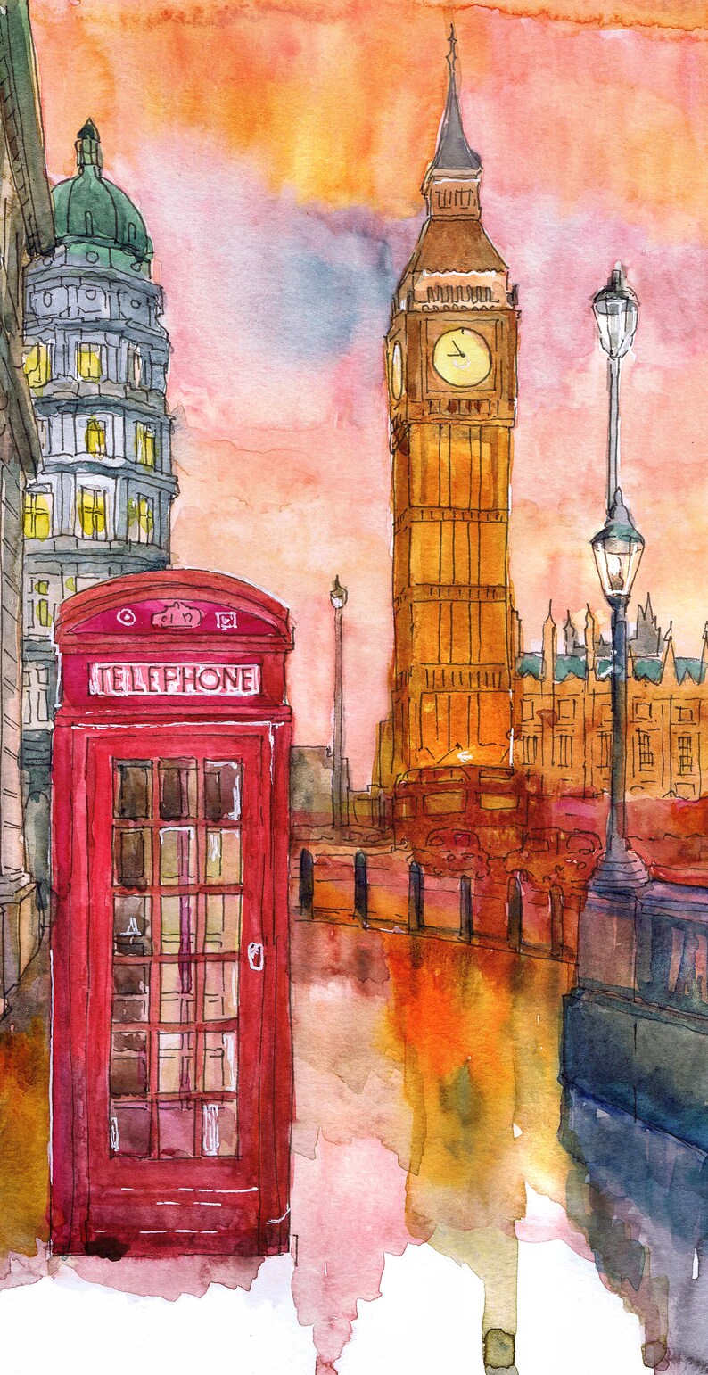 May include: A watercolor painting of a red telephone booth in front of Big Ben in London, England. The sky is a vibrant orange and pink, and the sun is setting.
