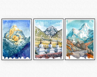 Himalaya Kunstdruck, Tibet Berg Wandkunst, Nepal Aquarellmalerei, Asiatisches Reiseposter - Mt. Everest, Kailash Orientalische Landschaft