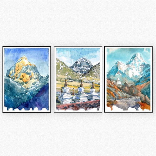 Himalayas Art Print , Tibet Mountain Wall Art, Nepal Watercolor Painting, Asian Travel Poster - Mt Everest, Kailash Oriental landscape