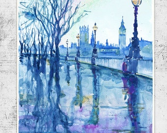 London Kunstdruck, Aquarellgemälde, Stadtansicht, Big Ben Wandbild