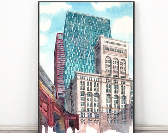 Roosevelt University Art prnt, Chicago Illinois Watercolor painting, Graduation poster city print, Cityscape wall art