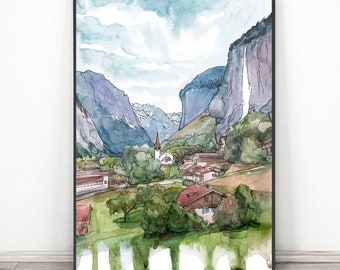 ラウターブルンネン - スイス 絵画 スイスアルプス 山 壁画、水彩風景