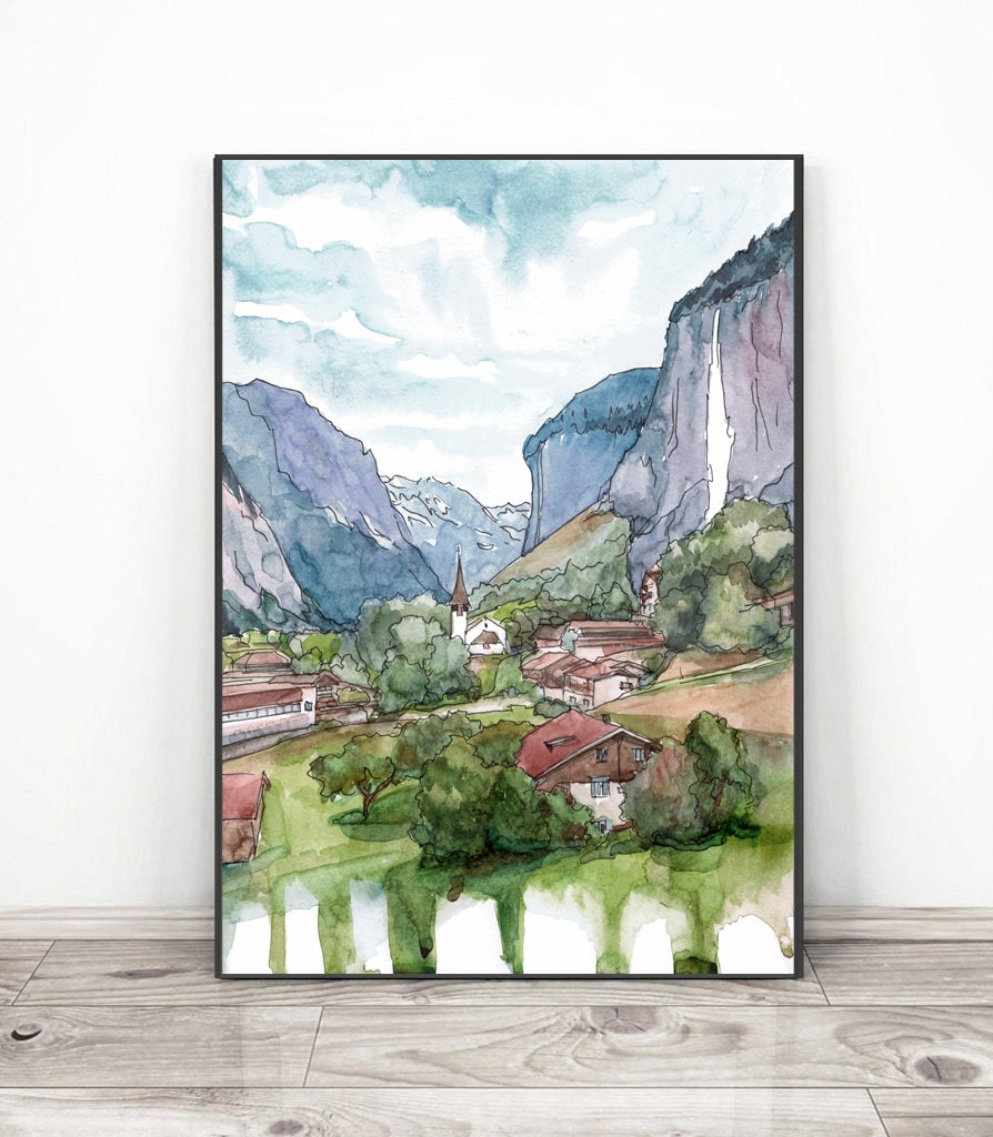 ラウターブルンネン - スイス 絵画 スイスアルプス 山 壁画、水彩風景