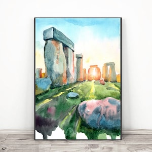 Stonehenge Print, England Art Watercolor Painting,  Stone Circle Travel poster Earth power Sacred site, British theme Druid  Wall Art