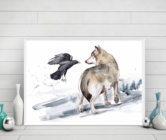 狼とカラスのアートプリント水彩画、精霊動物の絵画アート作品、狼と