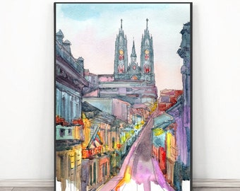 Quito Ecuador Art Print, Skyline Watercolor Painting,  City art print, South America Cityscape decor by Valentina Ra