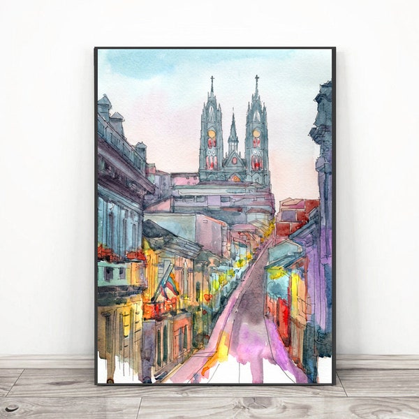 Quito Ecuador Kunstdruck, Skyline Aquarell Malerei, Stadt Kunstdruck, Südamerika Stadtbild Dekor von Valentina Ra
