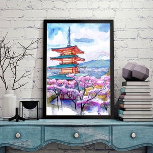 Kyoto Japan Art Print, Fuji Mountain Watercolor Painting, Cherry blossom Asian Oriental landscape Senso-ji image 4