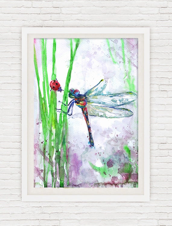 トンボアート昆虫プリント抽象的な水彩画の花の絵画、トンボ