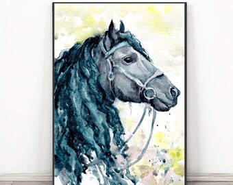 Black Horse art print, Equestrian painting, Equine watercolor expressions, horse lover gift