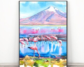 Bolivia Art Print, Laguna Colorada Watercolor Painting Wall art, South America landscape decor Latin america Travel poster by Valentina Ra