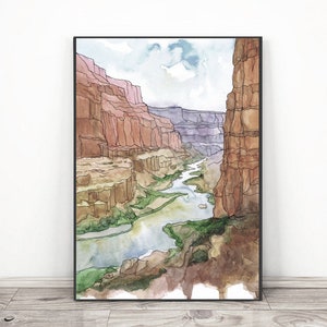Grand canyon Art Print National park Poster, Reizen Arizona Schilderij Aquarel landschap, Wandelen kunst aan de muur door Valentina Ra Grijs