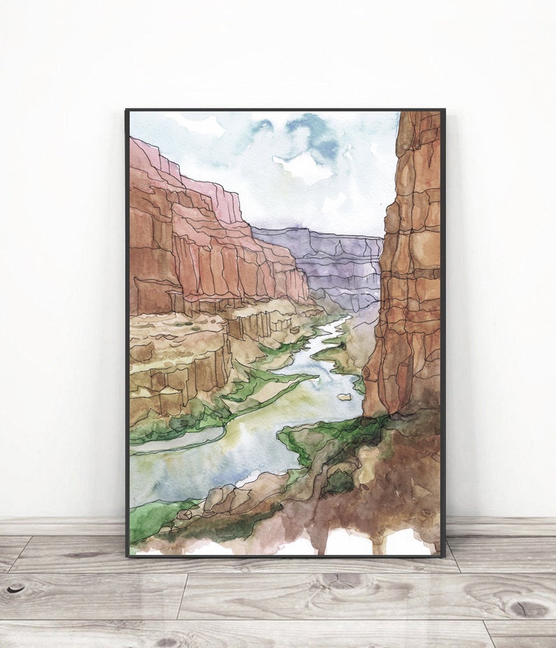 Grand canyon Art Print National park Poster, Reizen Arizona Schilderij Aquarel landschap, Wandelen kunst aan de muur door Valentina Ra Grijs