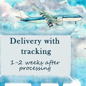 May include: Watercolor illustration of a passenger airplane flying through a cloudy blue sky. The image includes the text "Delivery with tracking" and "1-2 weeks after processing". The artwork has a soft, artistic feel.