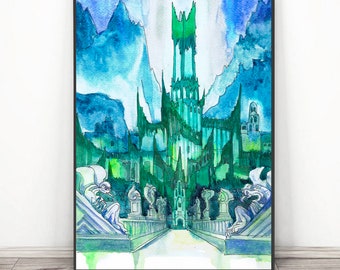 Dark castle Print - JRR, Fantasy City Art,  Rings fantastic movie posters - Watercolor Painting Travel  Print