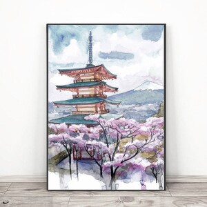Kyoto Japan Art Print, Fuji Mountain Watercolor Painting, Cherry blossom Asian Oriental landscape Senso-ji Gray