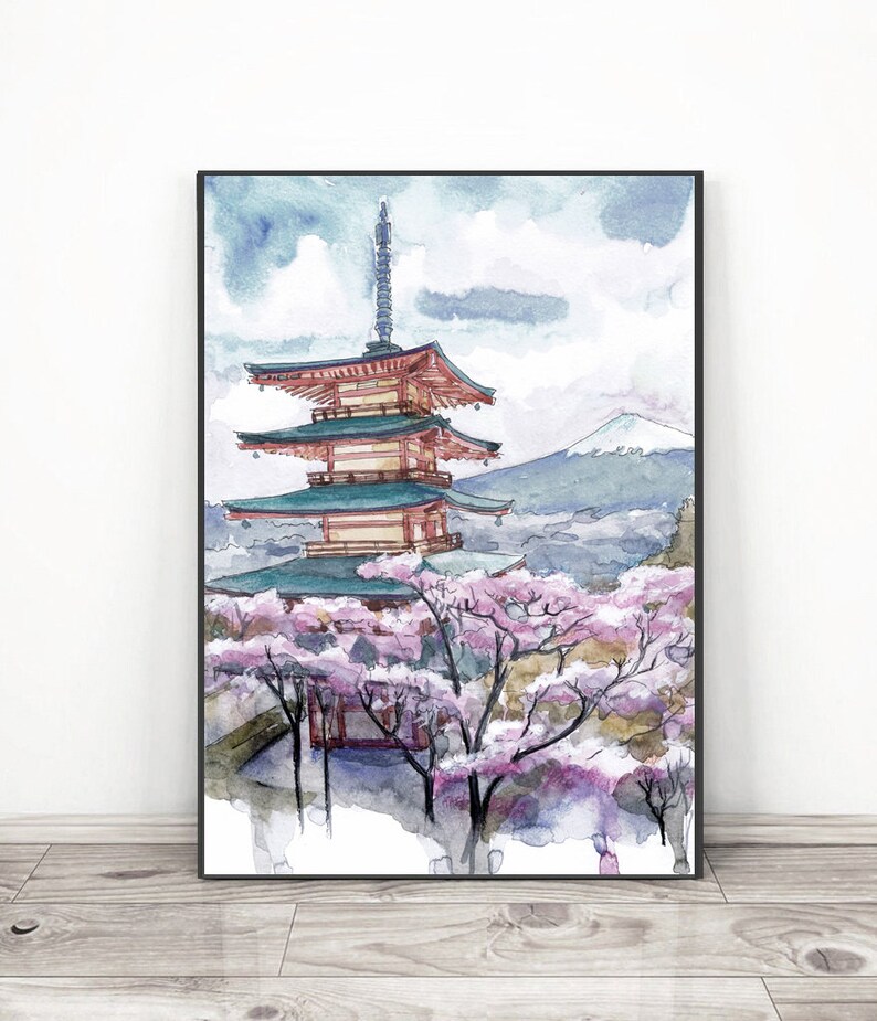 Kyoto Japan Art Print, Fuji Mountain Watercolor Painting, Cherry blossom Asian Oriental landscape Senso-ji Gray