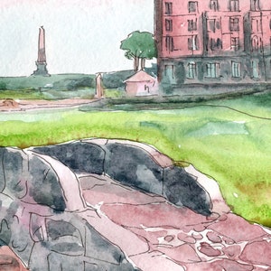 May include: Watercolor painting of a stone bridge over a green grassy field with a red brick building in the background.