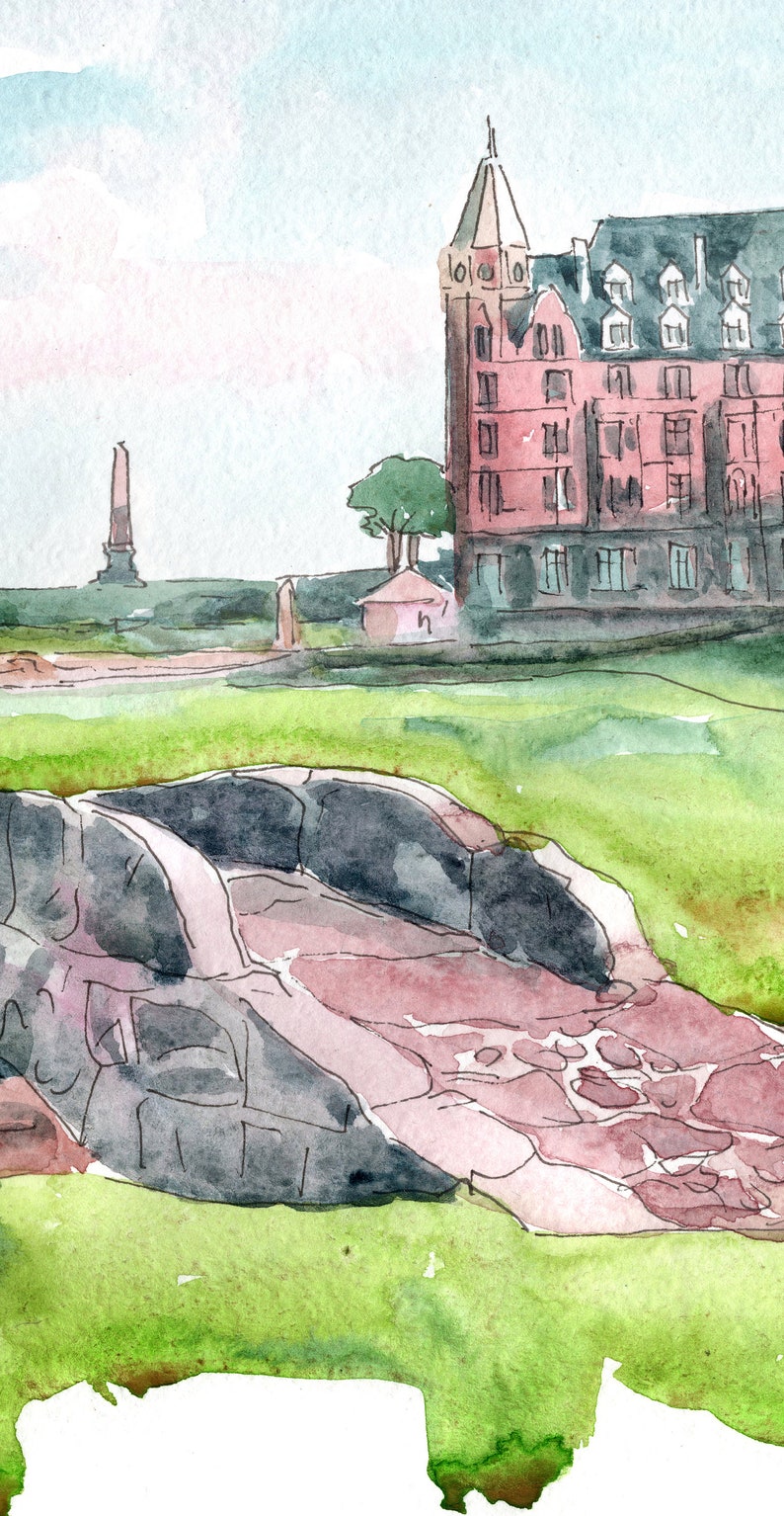 May include: Watercolor painting of a stone bridge over a green grassy field with a red brick building in the background.