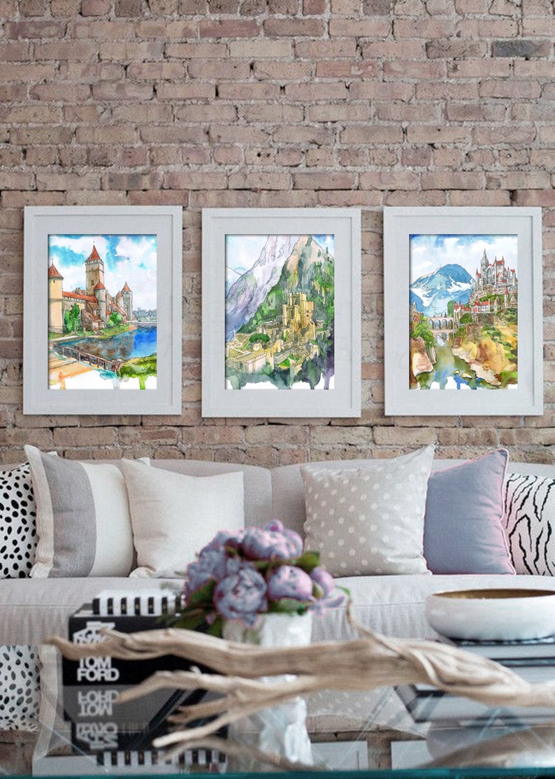 Château de sorcière Art Set de 3 estampes Fantastique Ville Art, Paysage fantastique Aquarelle Peinture Jeu Décor Voyage Imprimer Affiches de Jeux Vidéo image 3