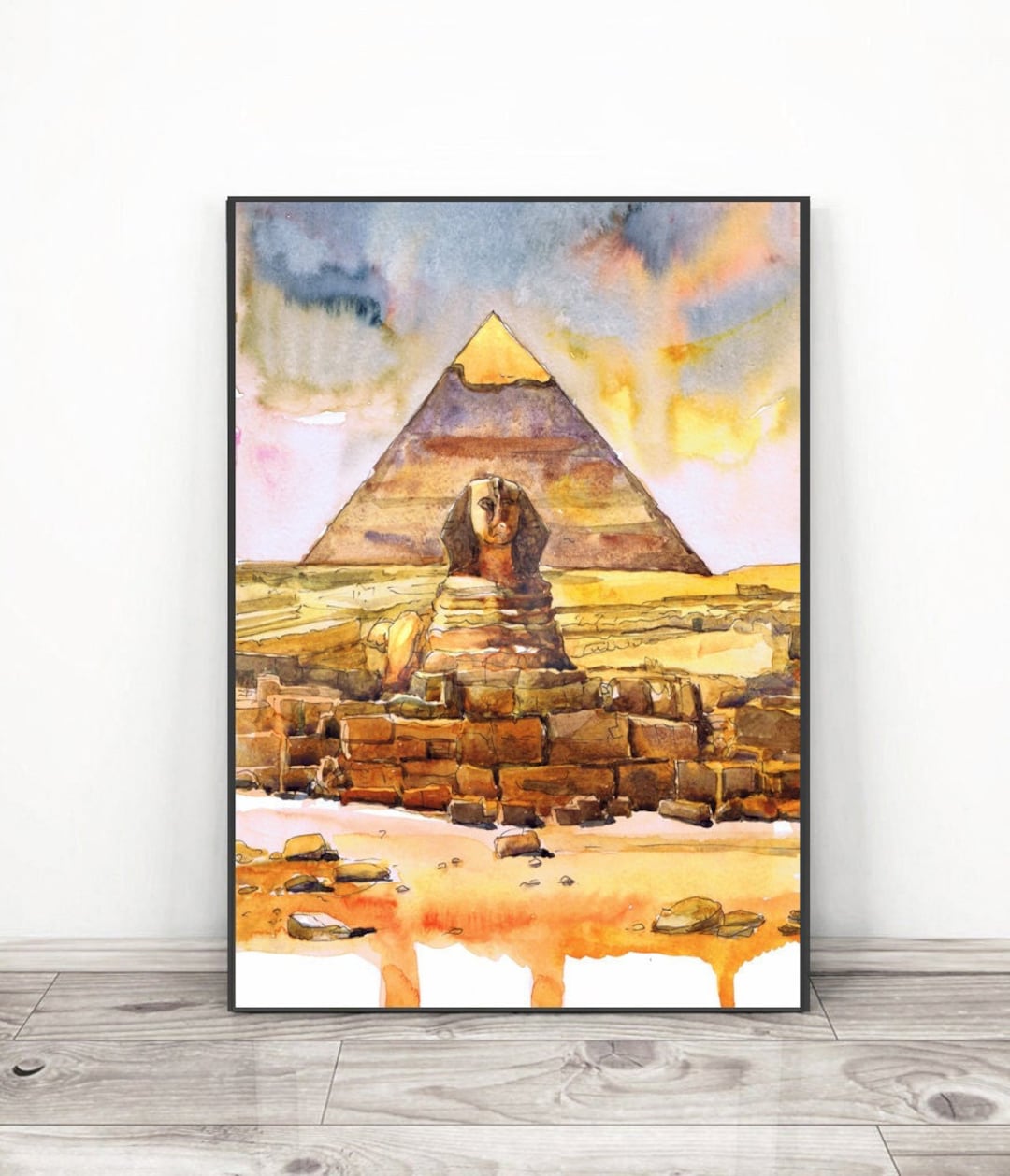 エジプトのピラミッドとスフィンクスの水彩画アートプリント：カイロ
